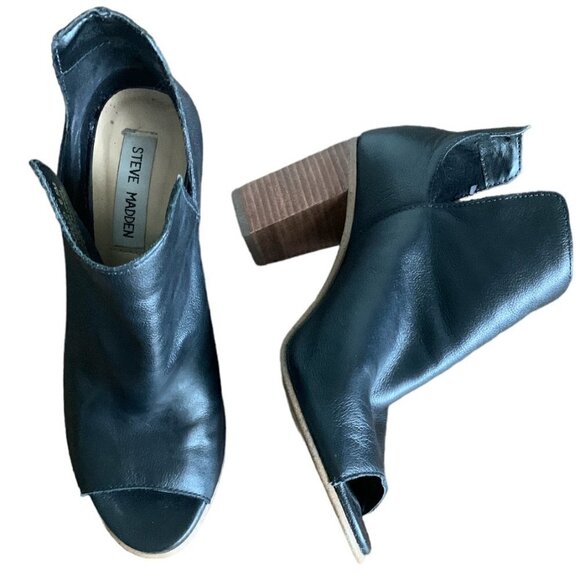 Steve Madden Nello Leather Open Toe Bootie Stack Heel 6.5M Black 135E - Picture 2 of 8
